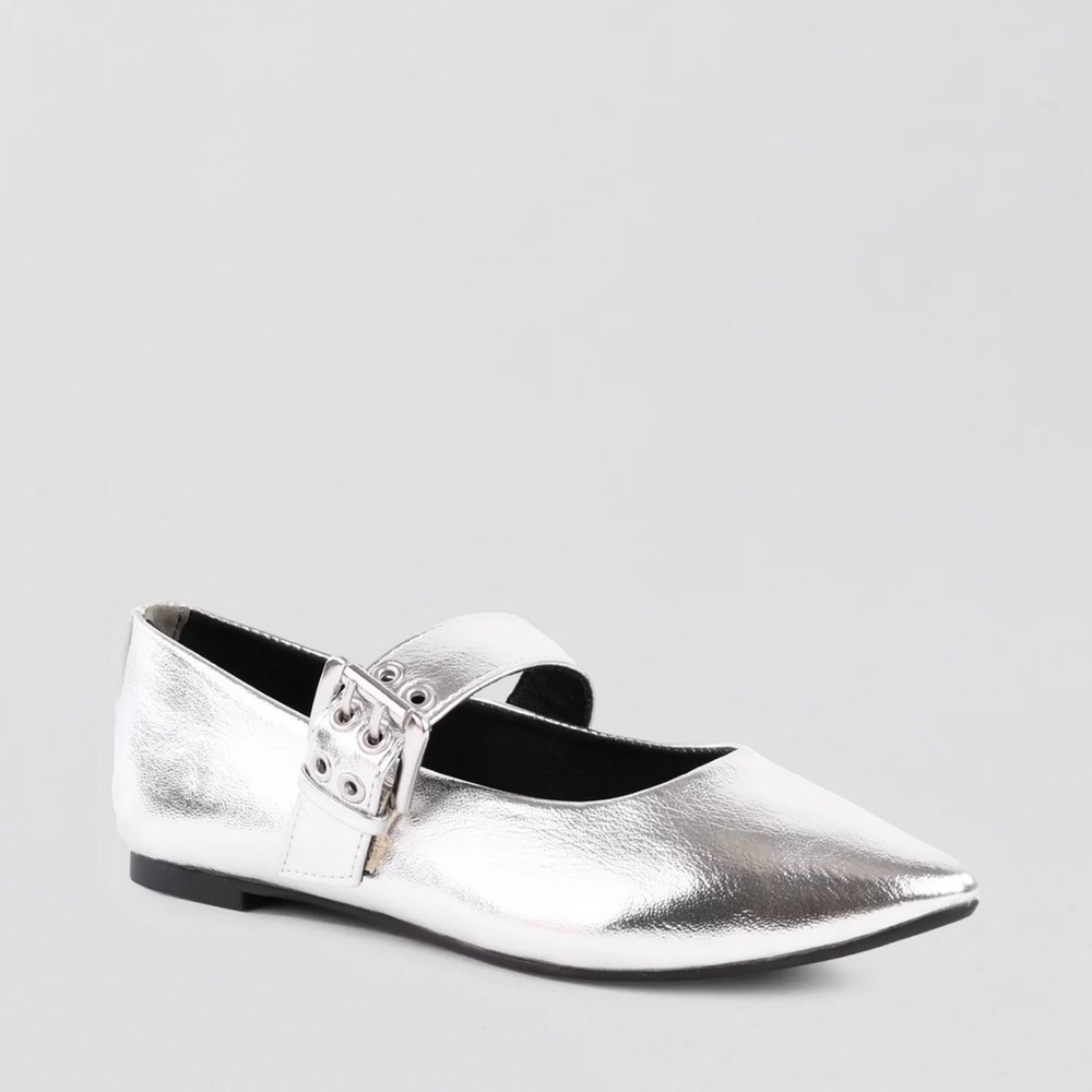 Seychelles Silver Pointed Mary Jane Flats with Buckle Strap